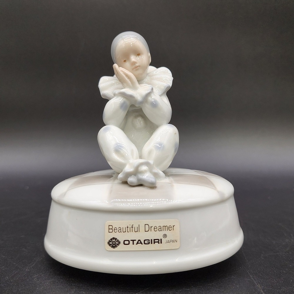 Otagiri 6in Blue White Pierrot Clown Music Box Beautiful Dreamer Vintage Japan